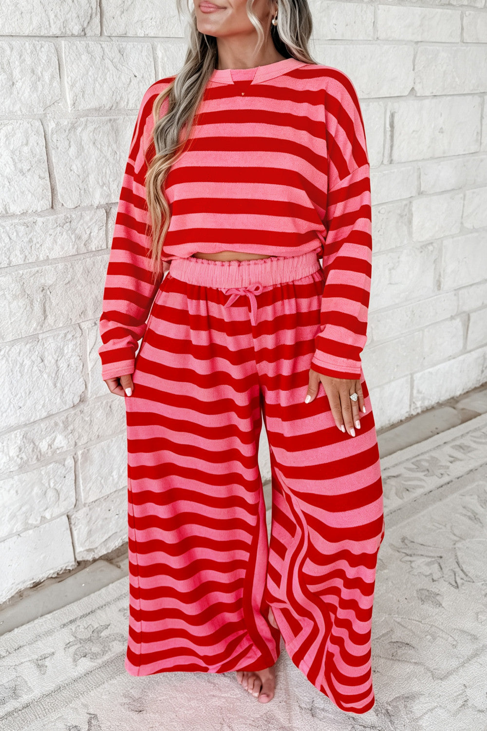 Red Stripe Two-Piece Drop Shoulder Pullover Loose Pants Set