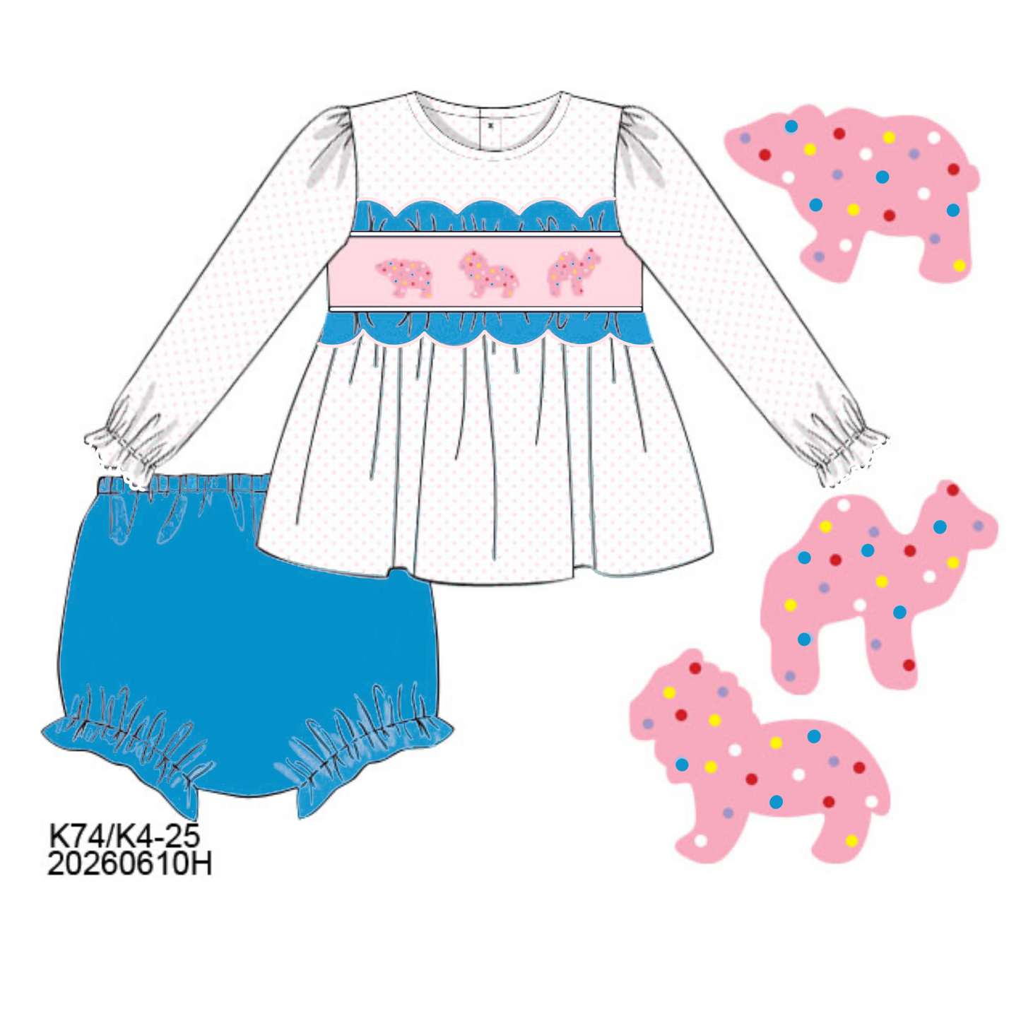 PO32: BITTY DOT ANIMAL CRACKERS GIRL DIAPER SET