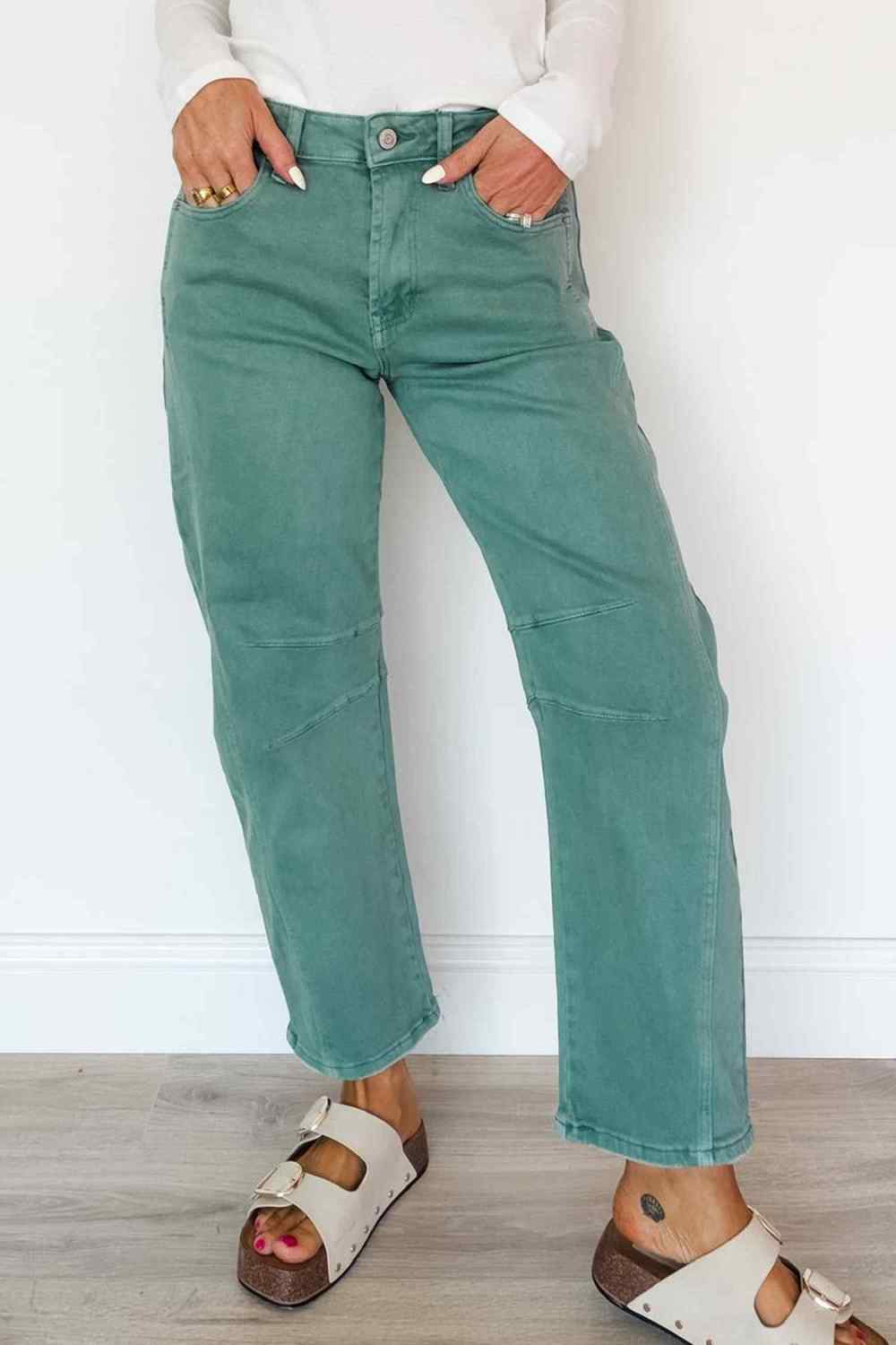 Sea Green Solid Color High Rise Paneled Detail Shift Jeans