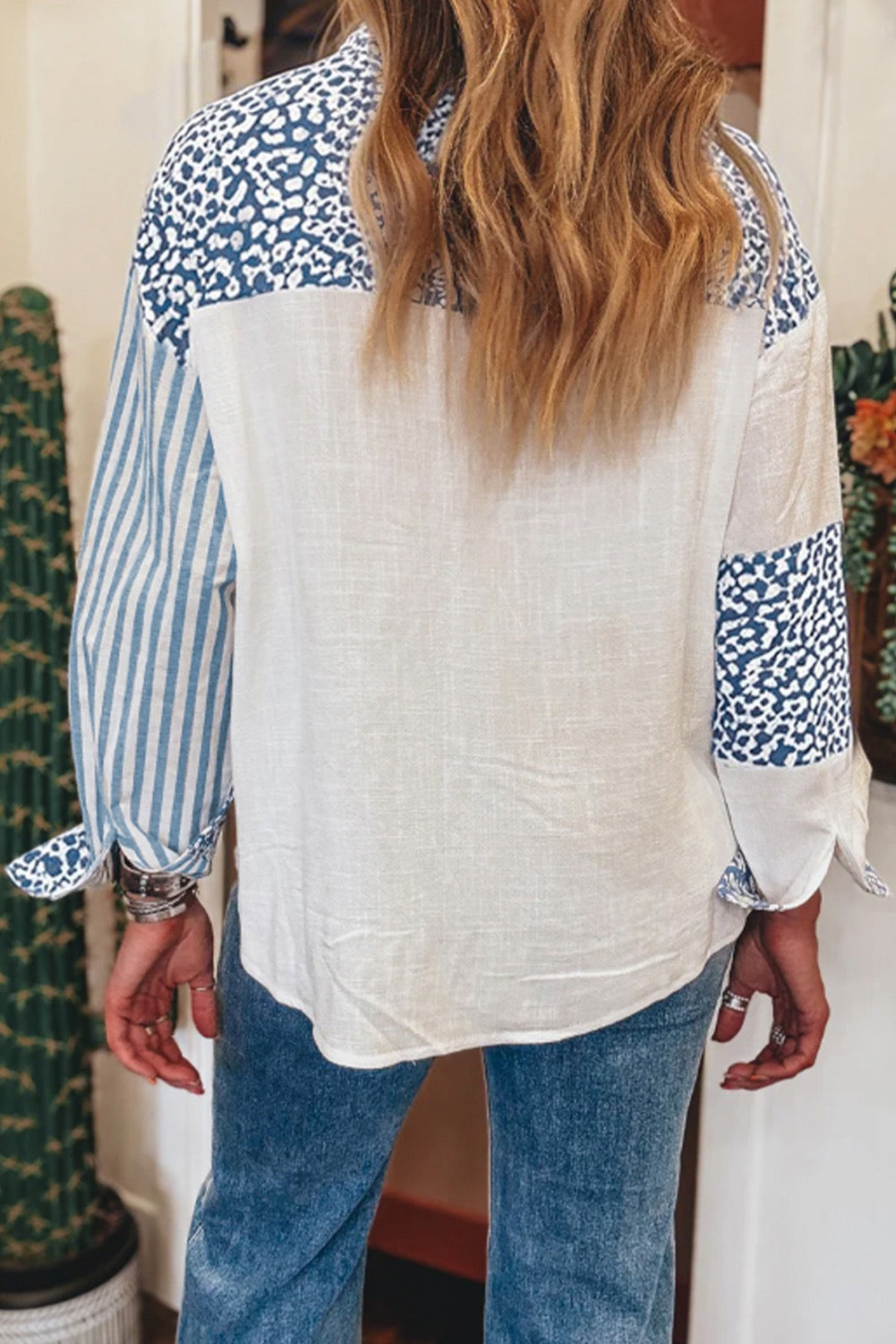 Casual Shirt Sky Blue Leopard Striped Western