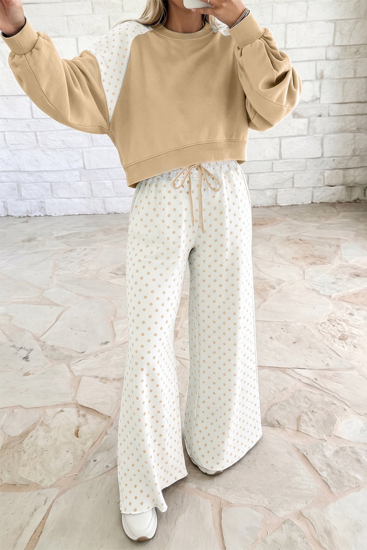Khaki Polka Dot Patchwork Colorblock
Long Sleeve Casual Two Piece Pants Set