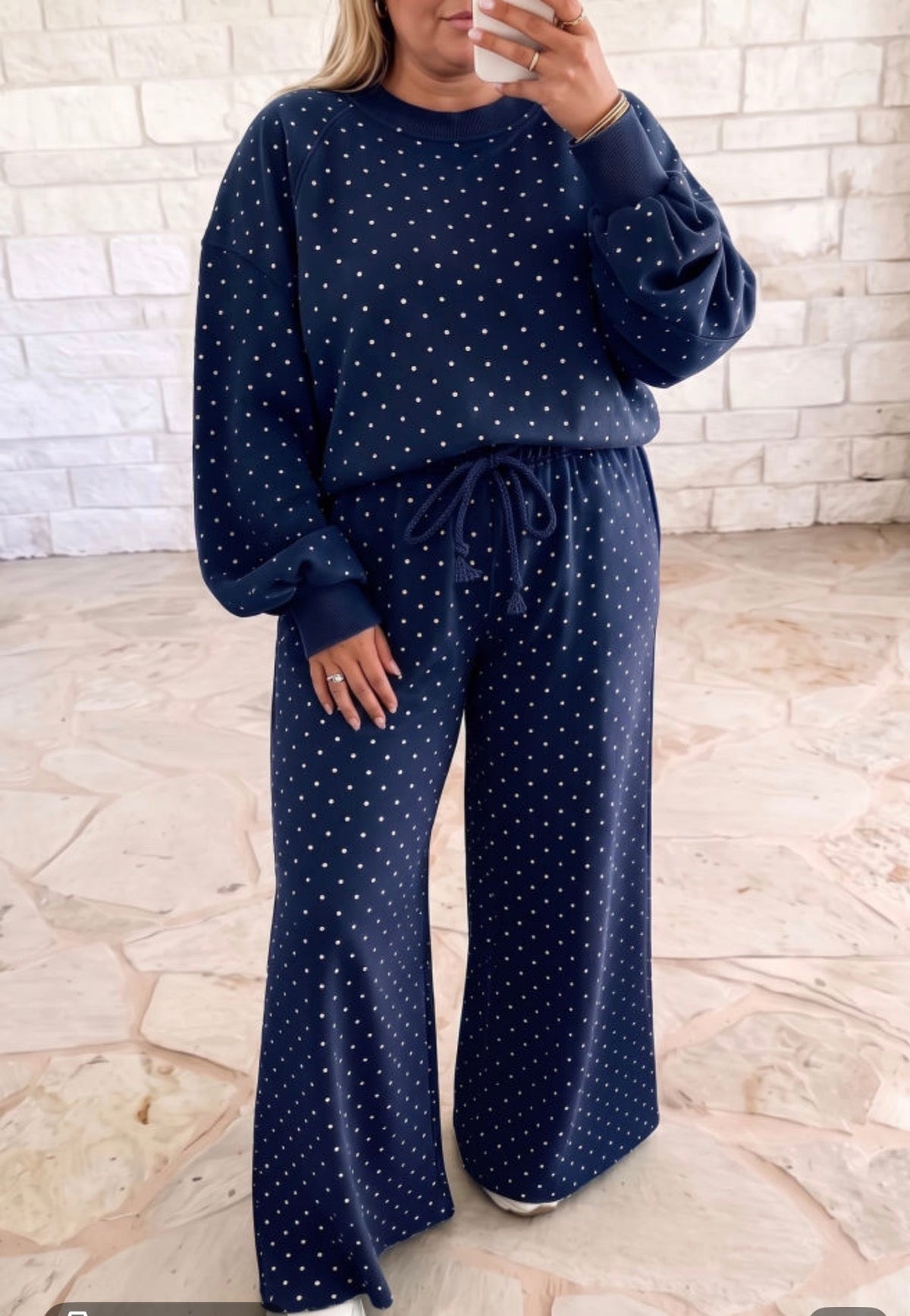 Navy polka dot drawstring wide leg set