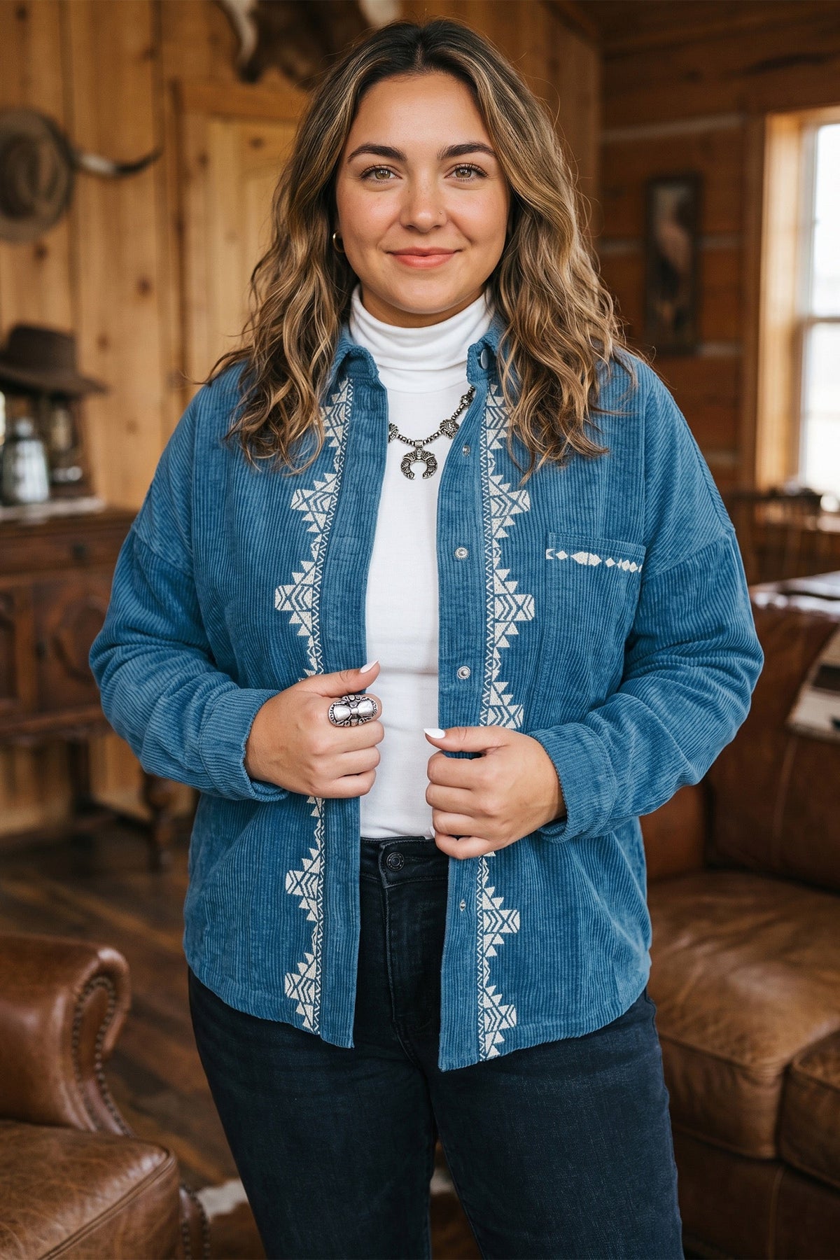Blue Embroidered Corduroy V-Neck Long
Sleeve Plus Size Shirt