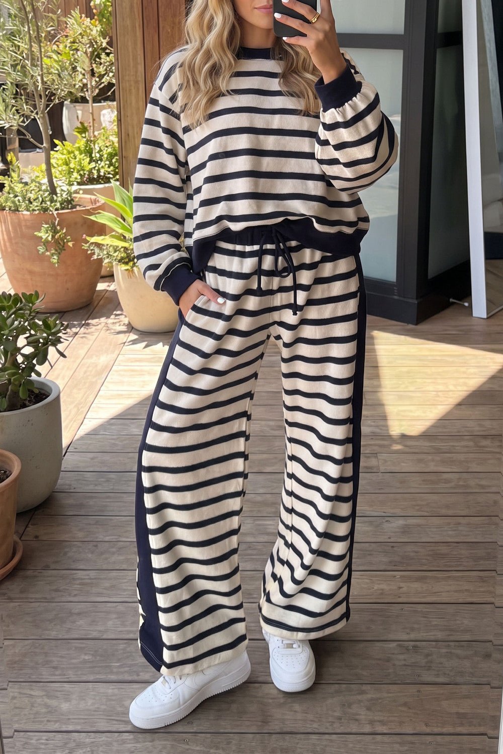 Beige Stripe Relaxed Long Sleeve Top Color Block Detail Drawstring Pant Set