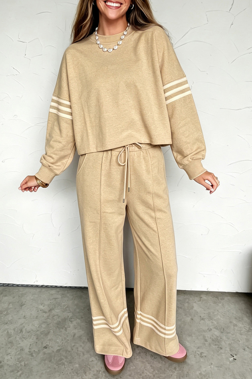 Parchment Contrasting Striped Detail Long Sleeve Top Loose Pants 2pcs Set