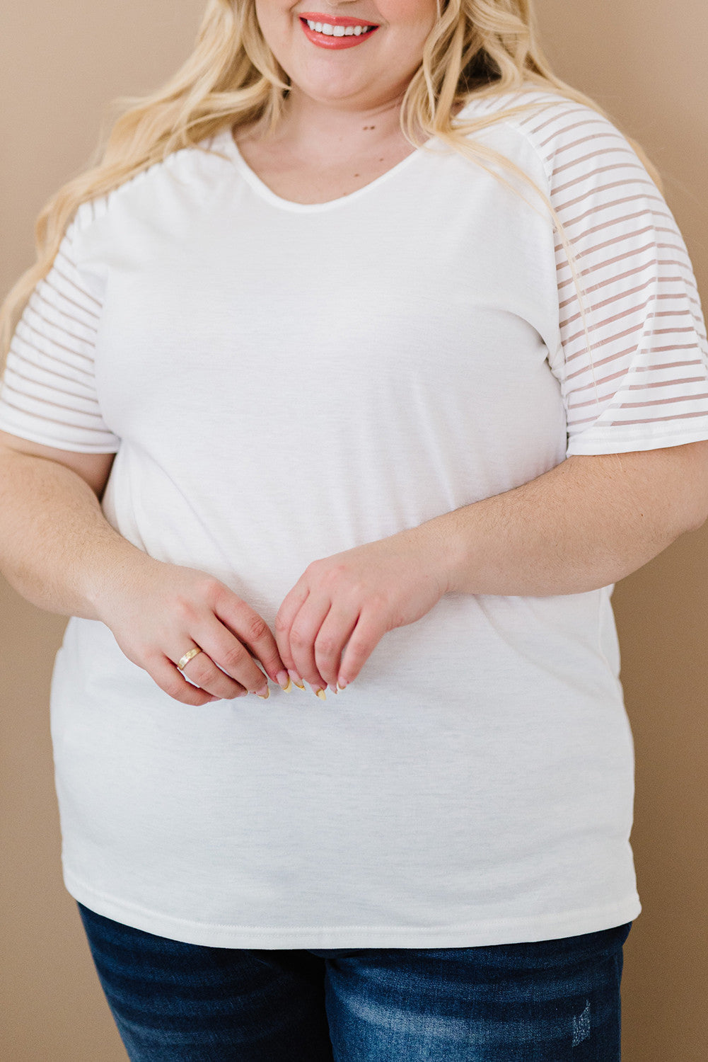 White Striped Raglan Sleeve Plus Size Tee