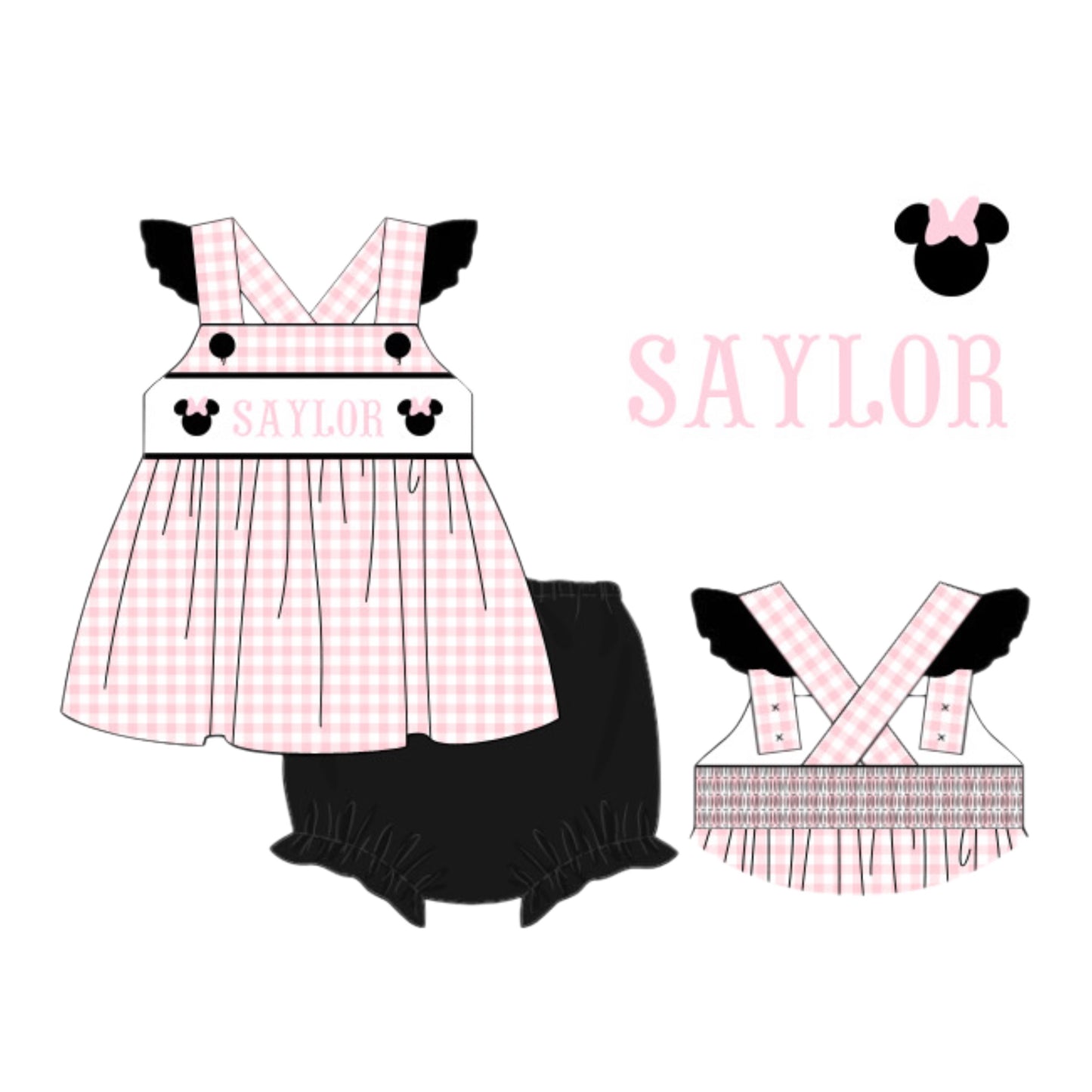 Preorder 26: Mouse Name Smocks Girl Diaper Set