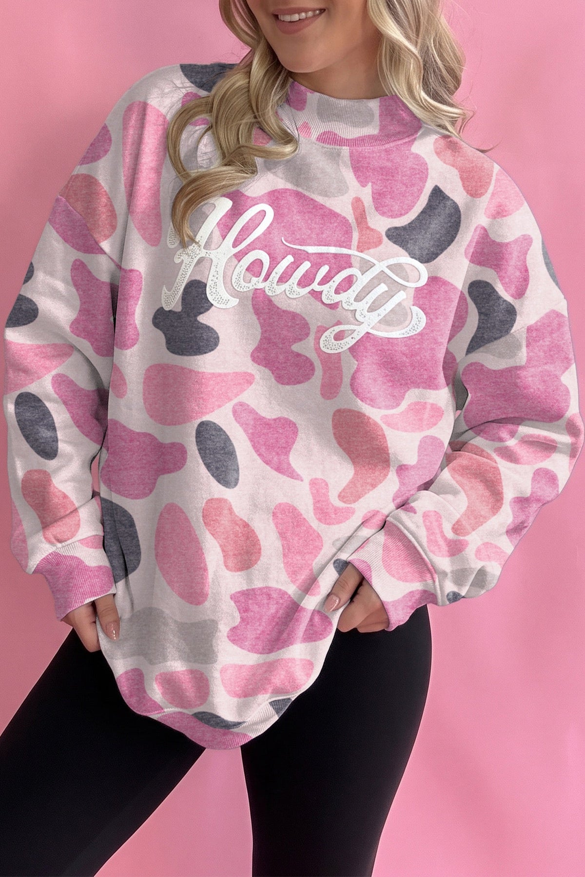 Pink camo print howdy western style baggy pullover