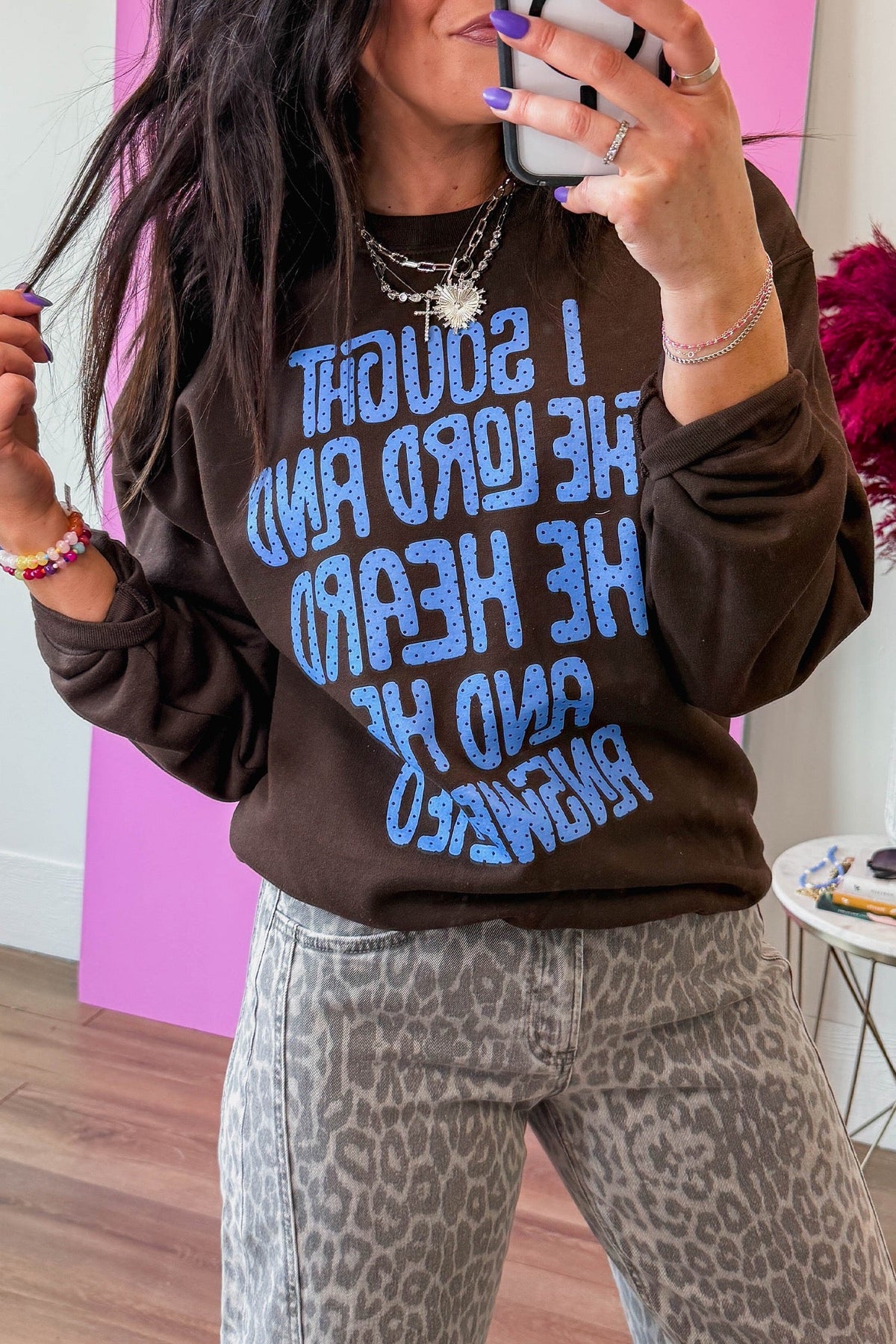 Coffee polka dot slogan print casual pullover