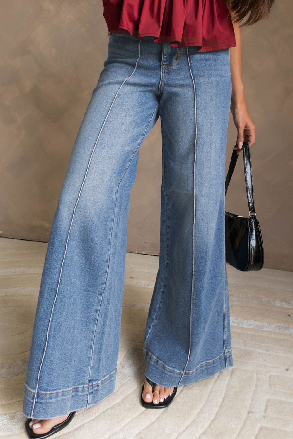 Dusk Blue Piping Seam Detail Flare Leg Pocket Jeans