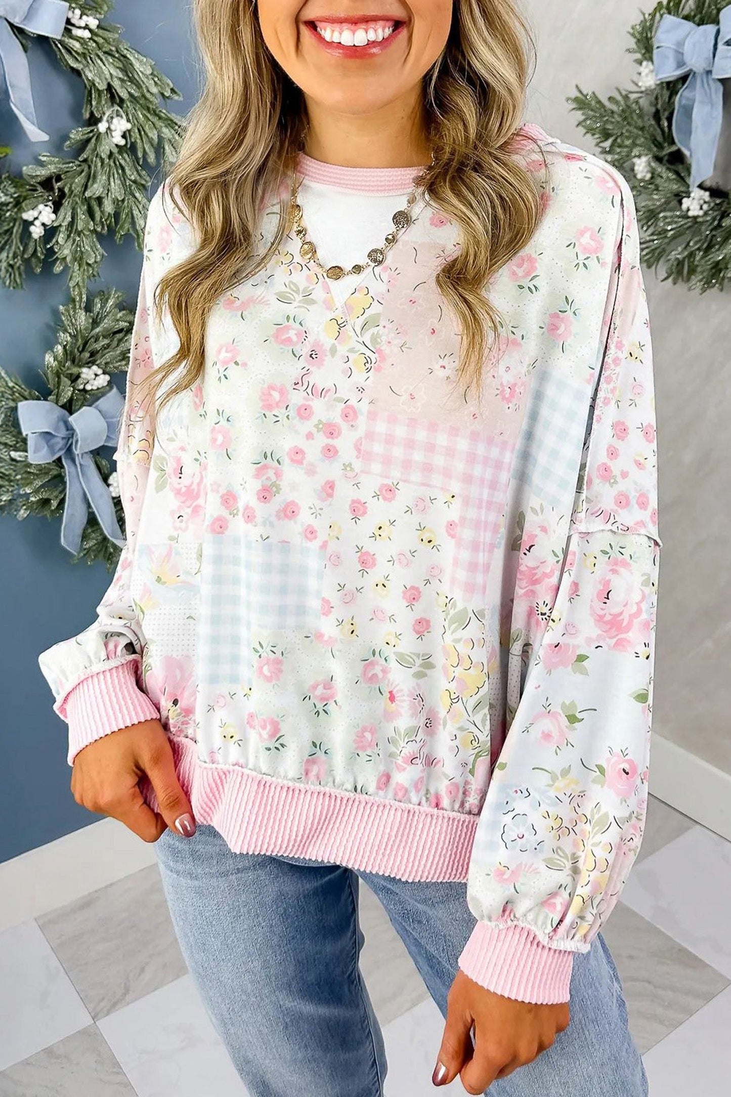 Pink Twisted Ribbed Trim Floral Print
Patchwork Long Sleeve Top