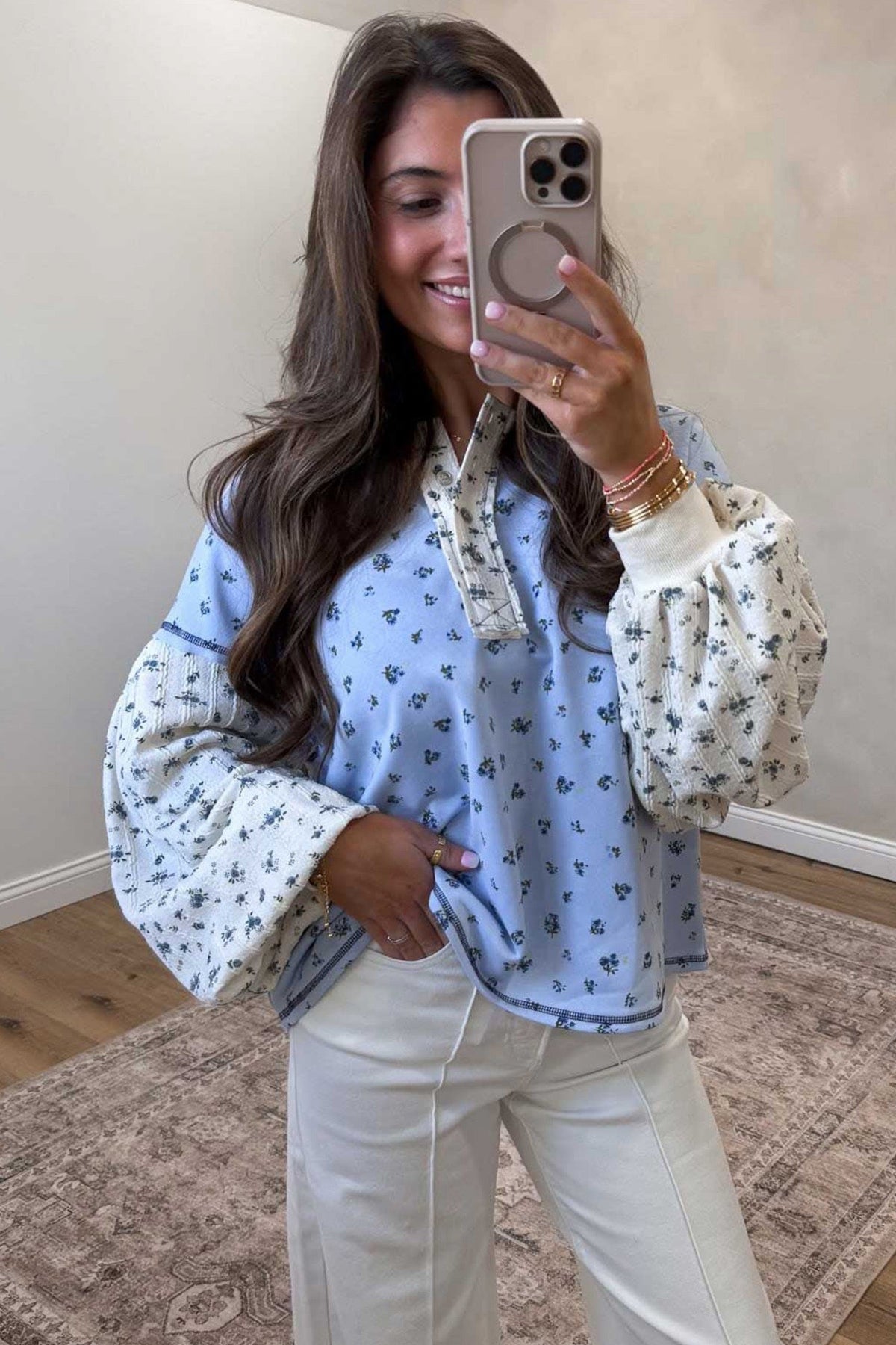 Sky blue floral print contrast long sleeve top