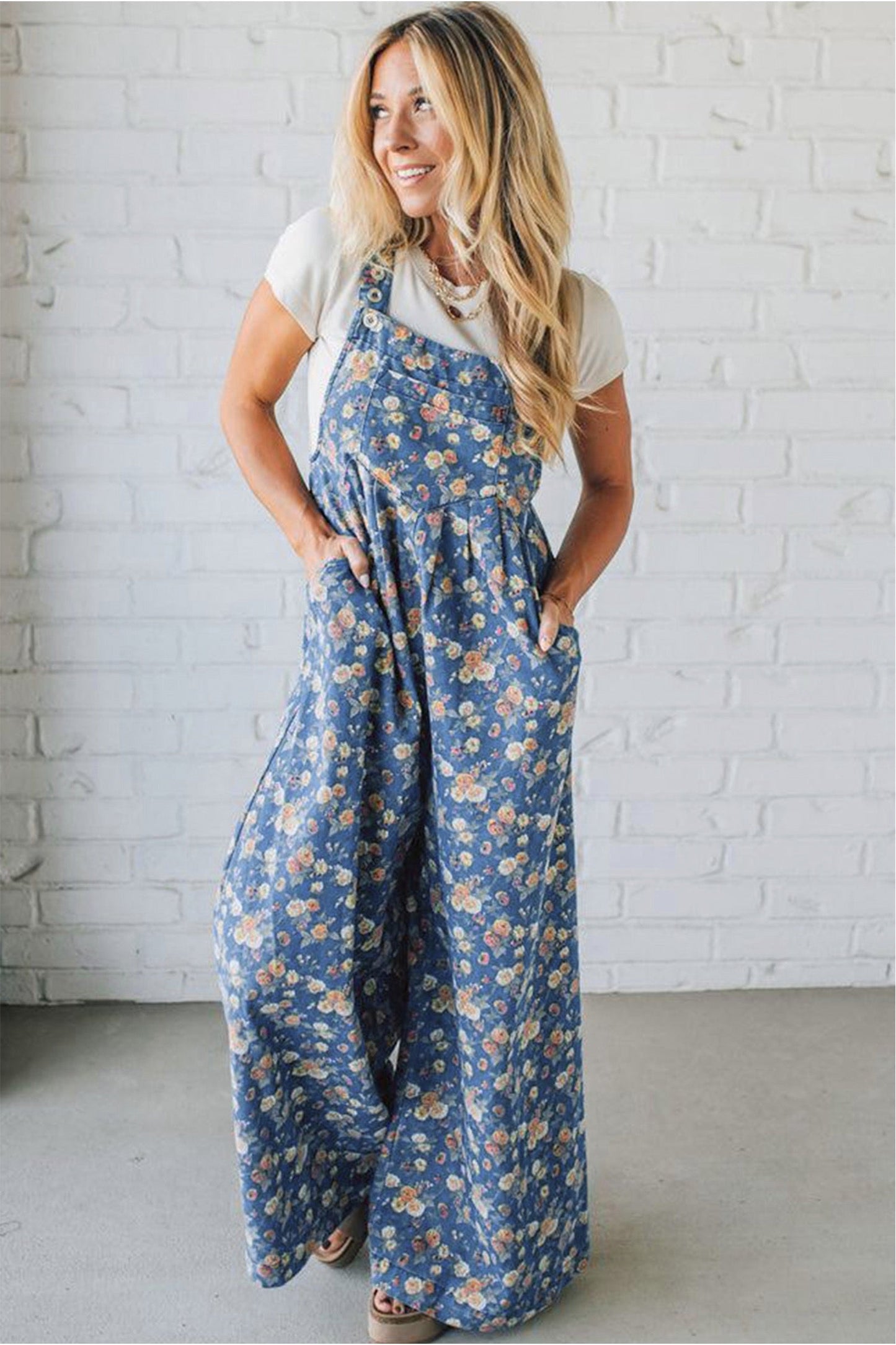 Blue Vintage Rose Printed Pleated Loose
Denim Overall Jumpsuit