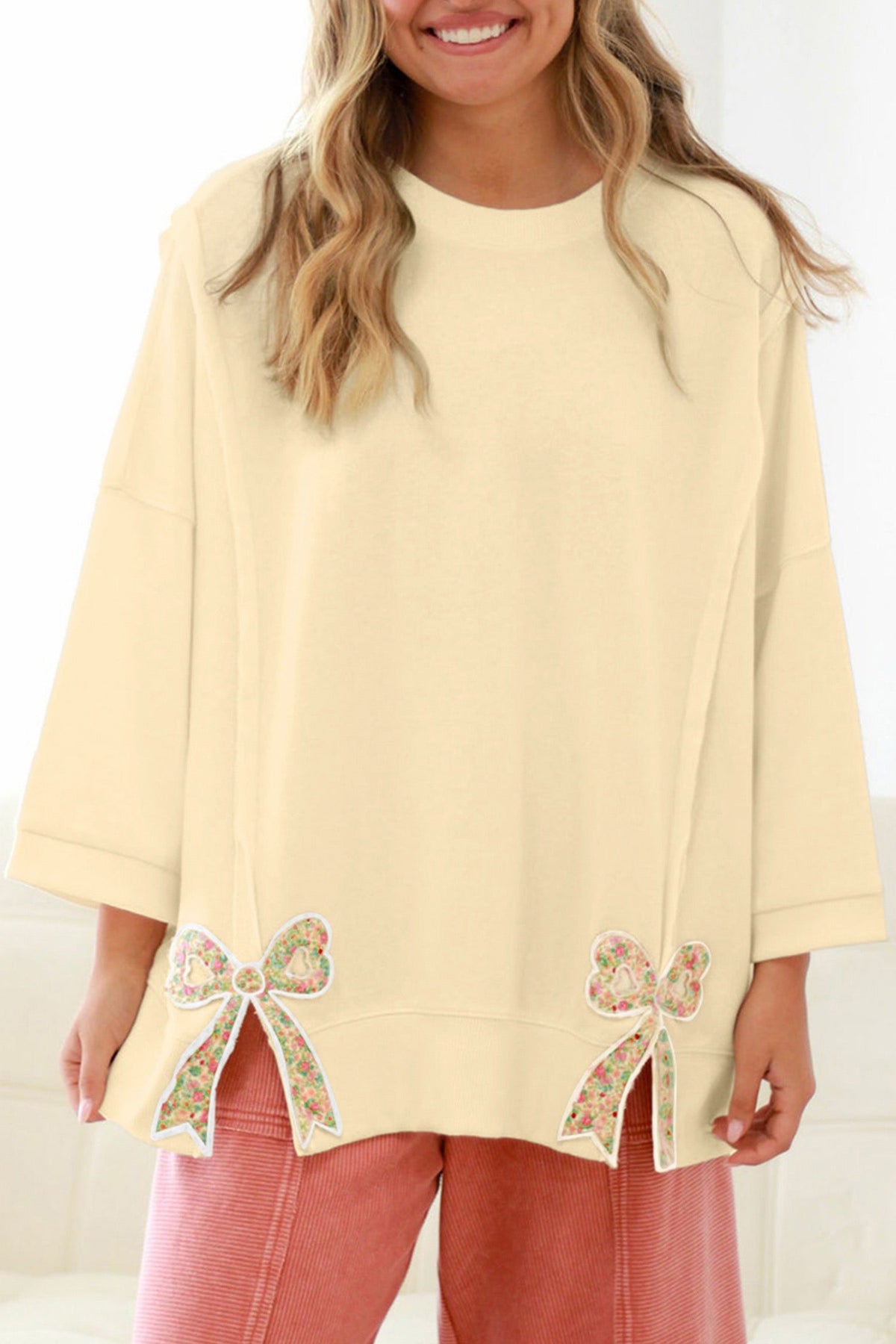 Beige plus size raw hem seam detail floral bow patched baggy pullover