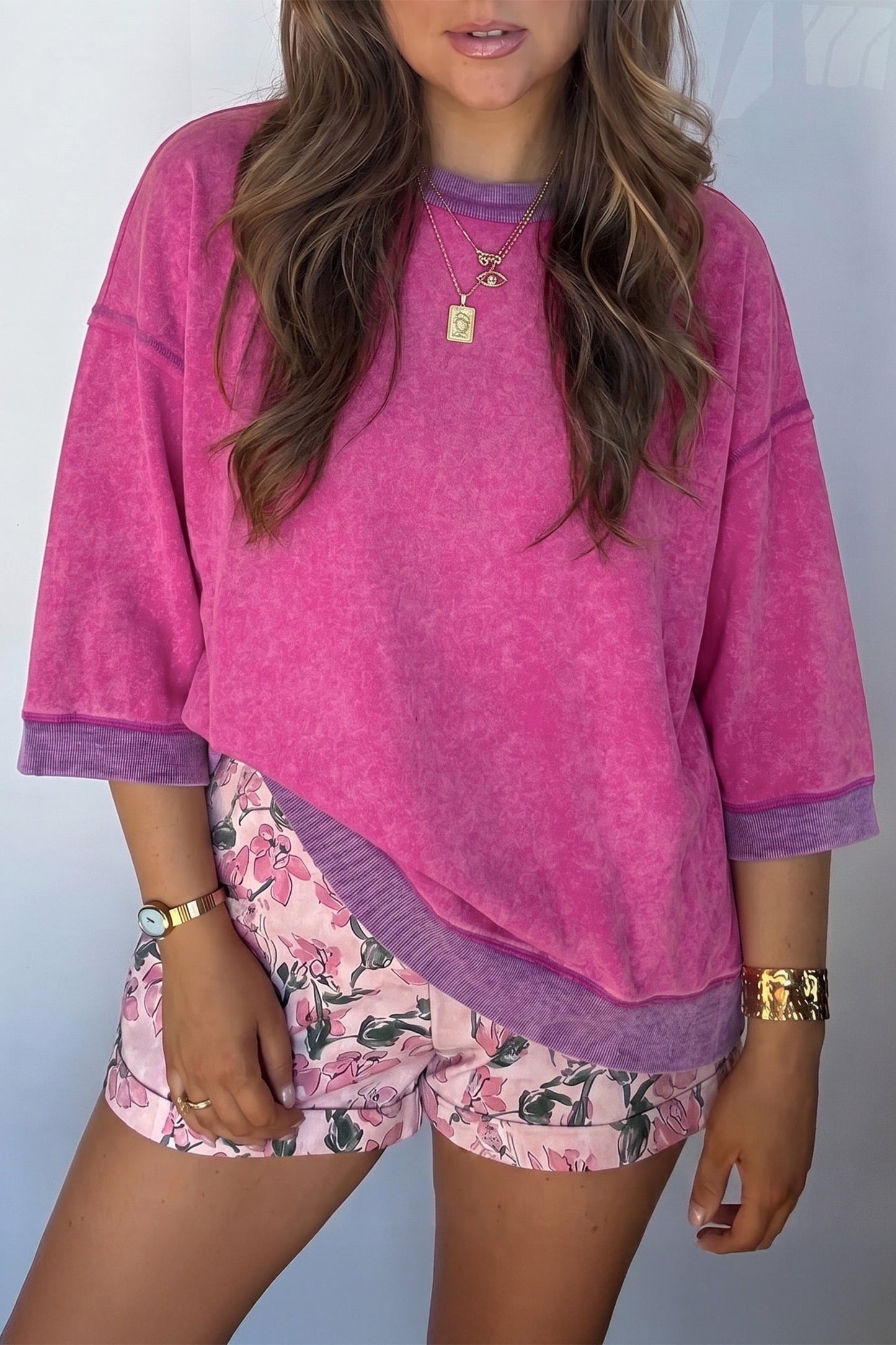 Strawberry Pink Mineral Wash Color Block Trim Bracelet Sleeve Pullover Top