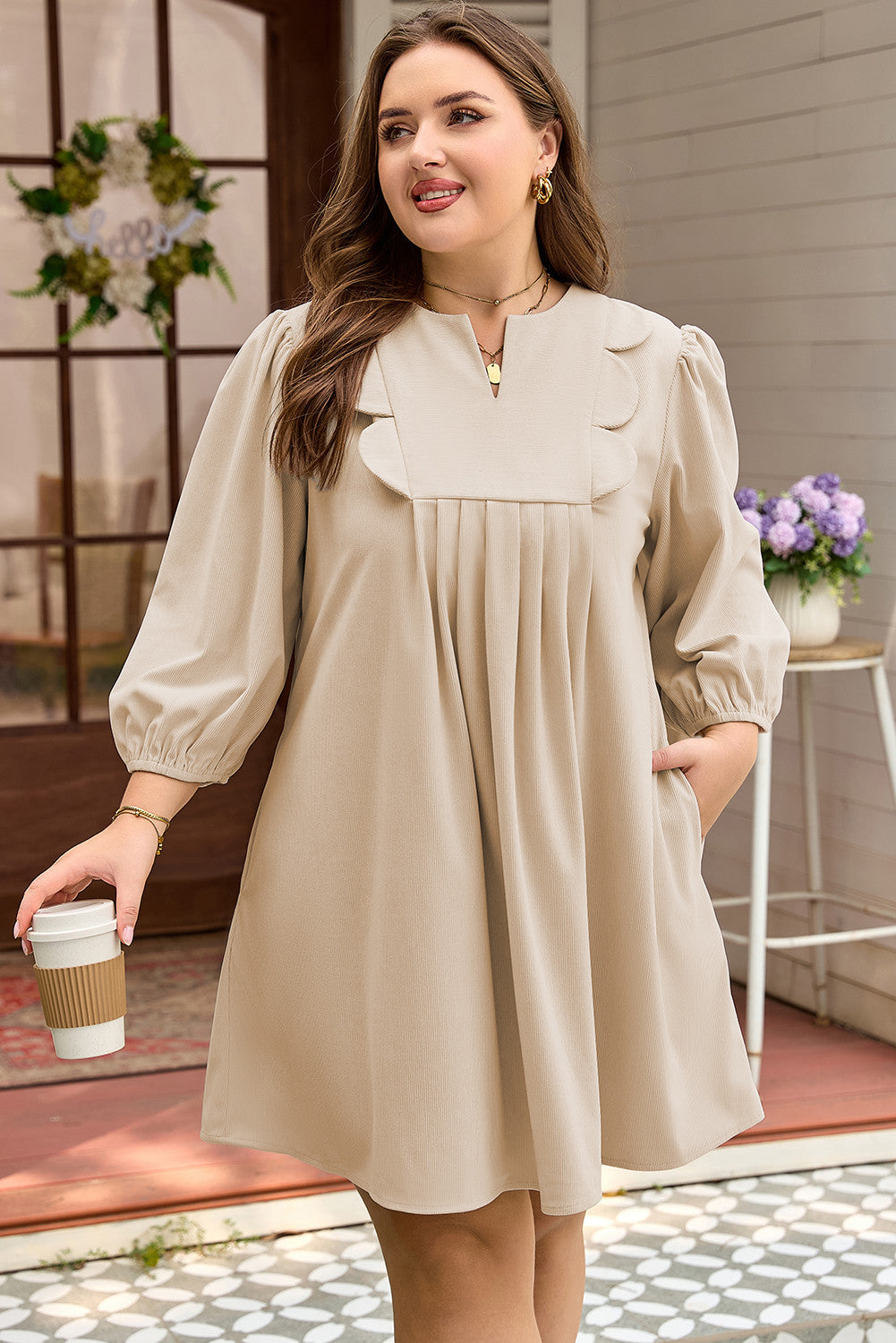 Parchment Notched Neck Scallop Detail Plus Size Mini Dress