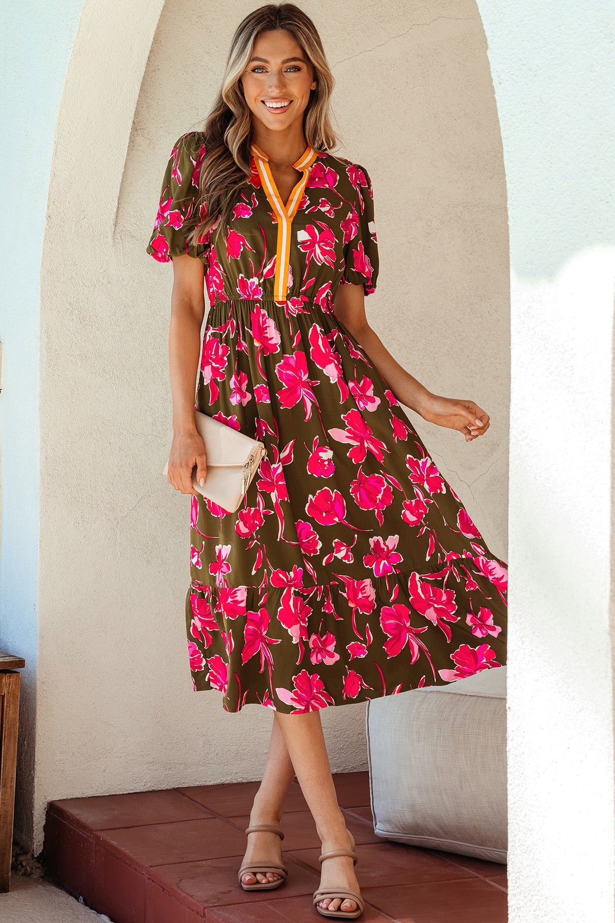Green Floral Print Striped Trim Split Neck Short
Puff Sleeve Ruffle Hem Maxi Dress