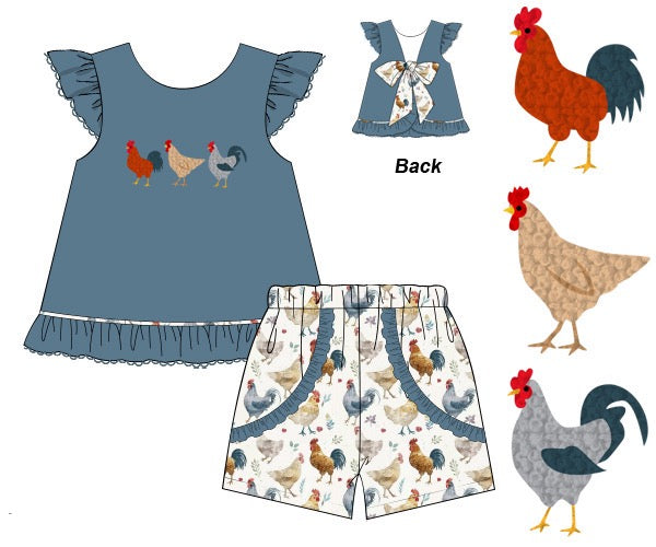 RTS: FRENCH KNOT CHICKENS GIRL SHORT SET