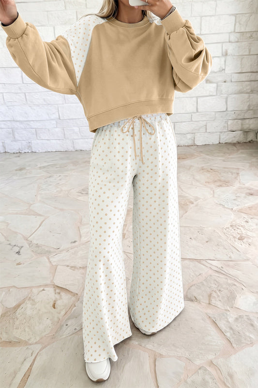 Khaki Polka Dot Patchwork Colorblock
Long Sleeve Casual Two Piece Pants Set