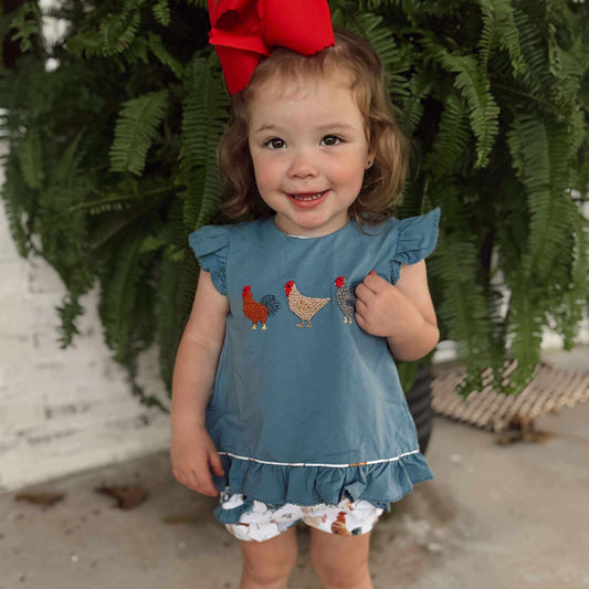 RTS: FRENCH KNOT CHICKENS GIRL SHORT SET