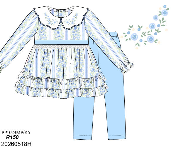 PO31: GIRL'S ONLY BLUE EMBROIDERED ROSE PANT SET