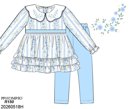 PO31: GIRL'S ONLY BLUE EMBROIDERED ROSE PANT SET