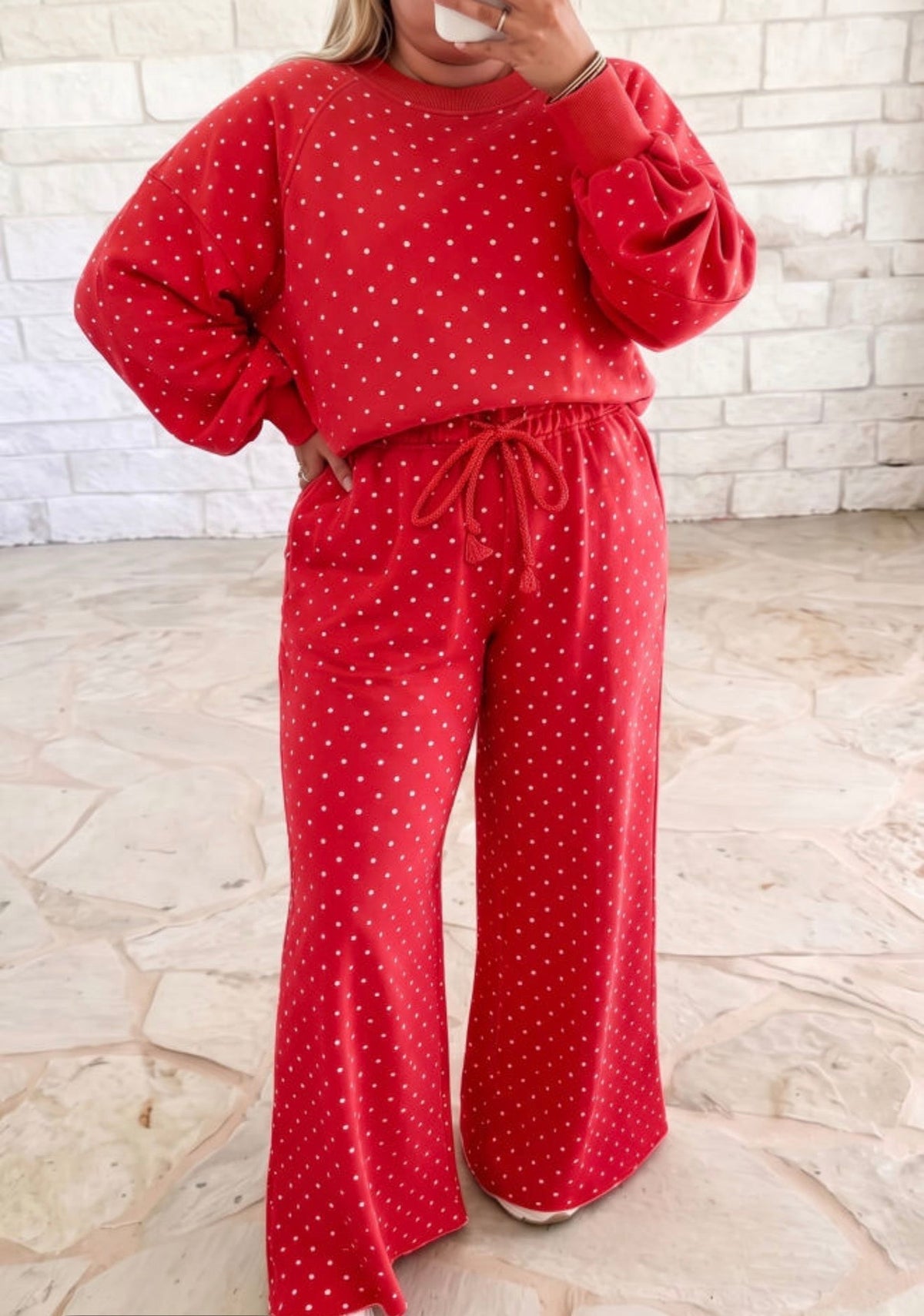 Red polka dot drawstring wide leg set