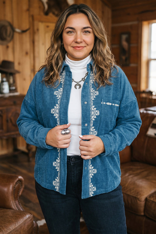Blue Embroidered Corduroy V-Neck Long
Sleeve Plus Size Shirt