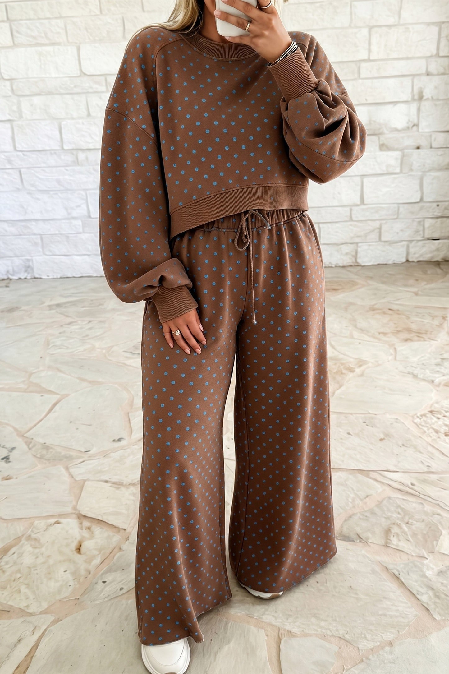 PREORDER Plus size Brown Polka Dot Round Neck Long Sleeve
