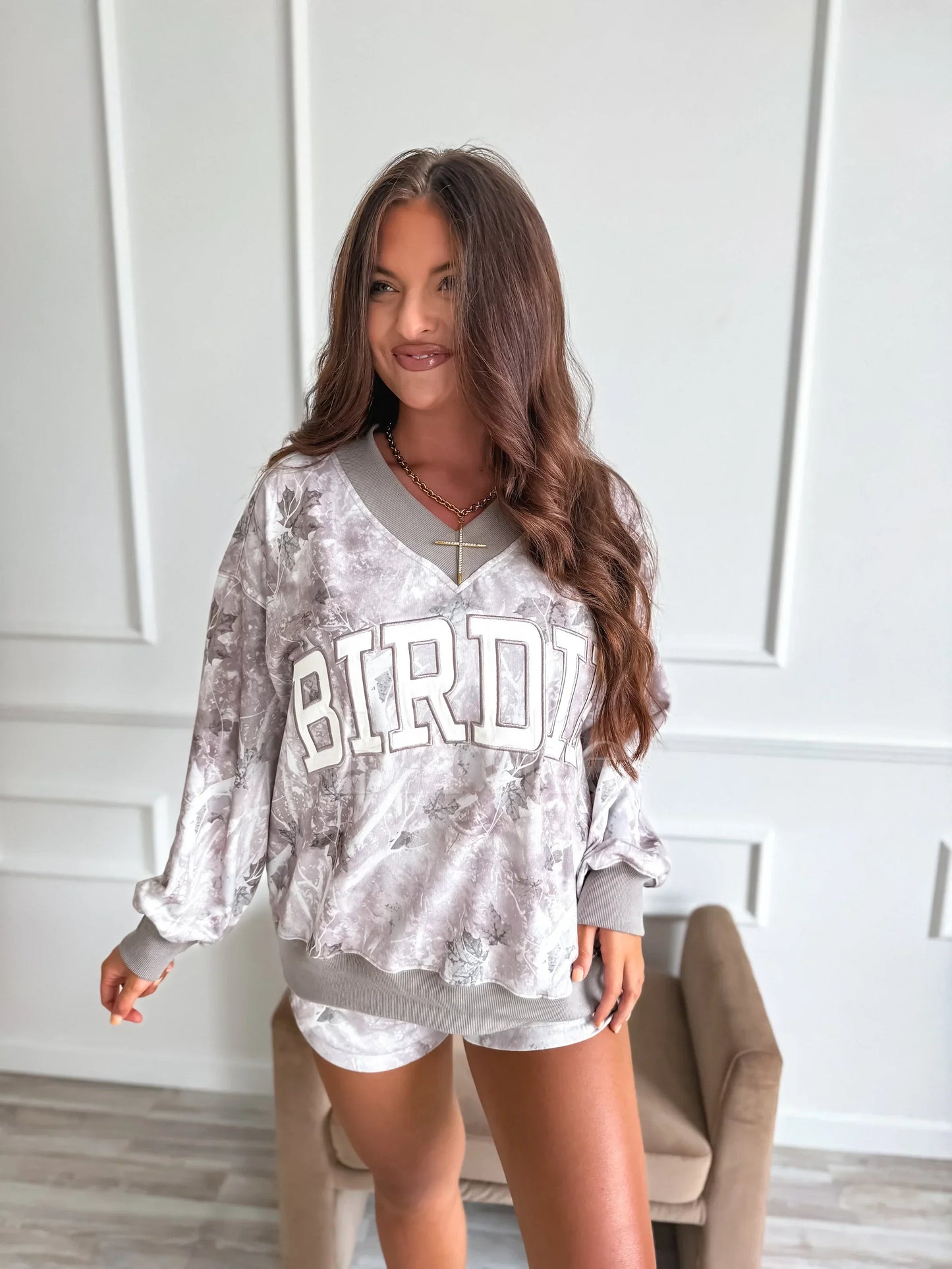 BIRDIE PREORDER V Neck Oversized Sweatshirt in Ashwood Camo