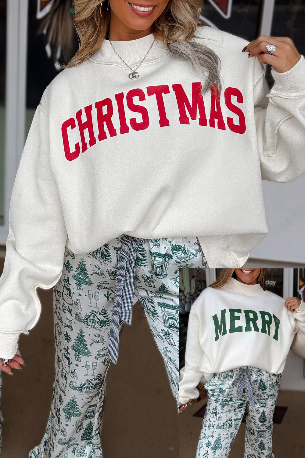 White MERRY/CHRISTMAS Reversible Print Mock Neck Baggy Pullover Sweats ...