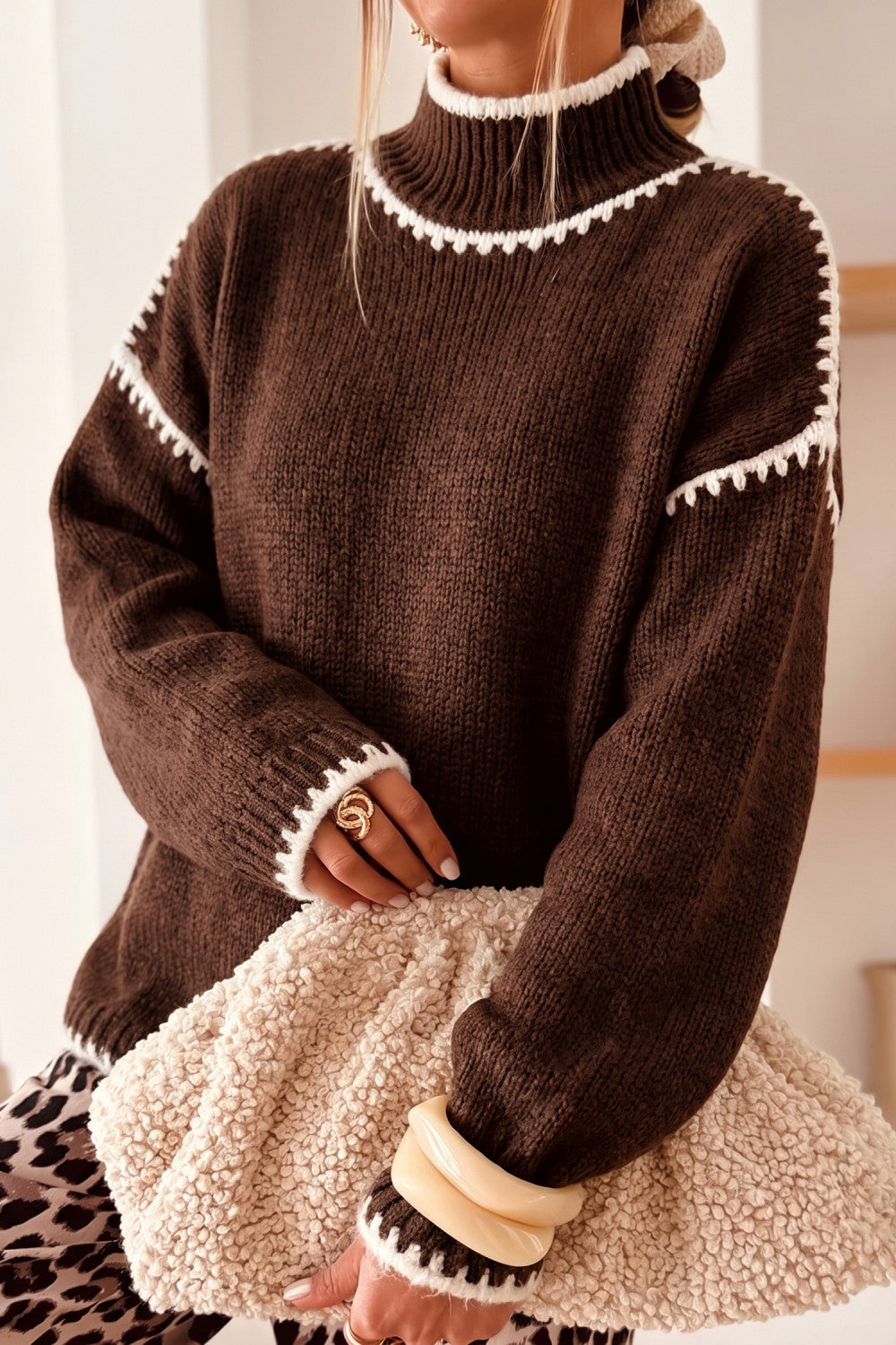 Coffee Contrast Trim Mock Neck Drop Shoulder Relaxed Sweater