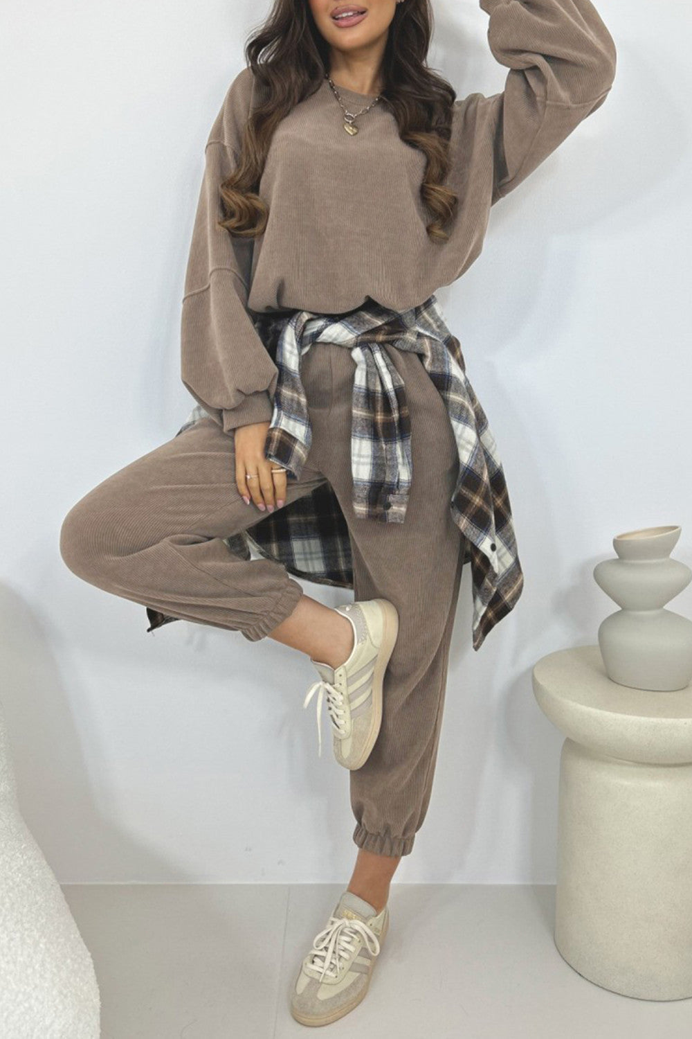 Dark Brown Cozy Ribbed Long Sleeve Pullover 2pcs Jogger Pants Set
