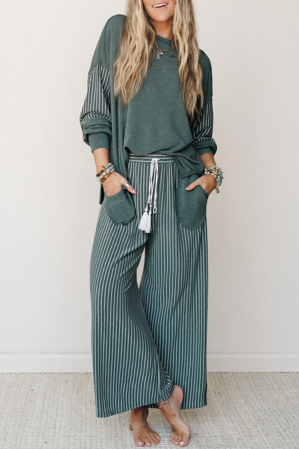 Green Bay Raw Seam Patchwork Long Sleeve Top Pocket Casual Pants 2pcs Set