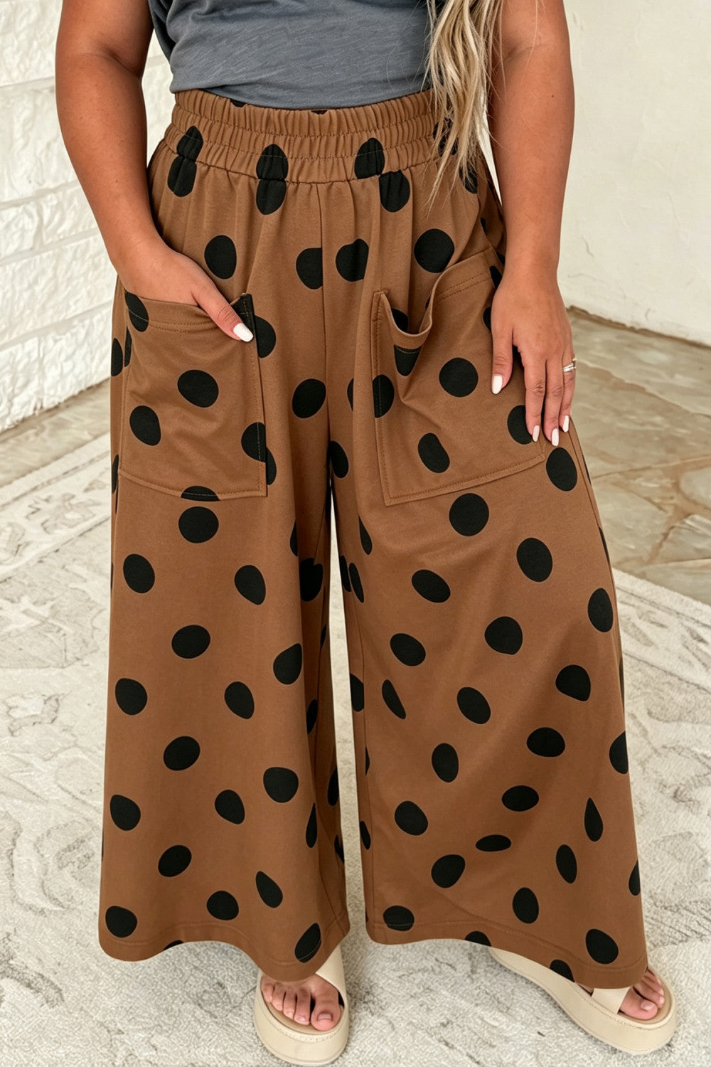 Brown Polka Dot Elastic Waist Wide Leg Plus Size Pants ETA OCTOBER