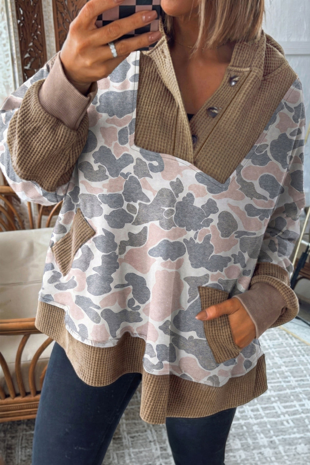 Khaki Camouflage Print Waffle Knit Patchwork Half Zip Hoodie